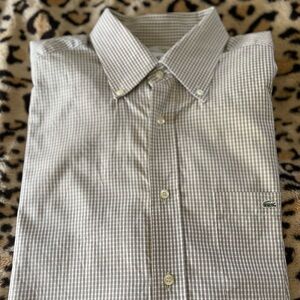 LaCoste Men's Dress Shirt Tan Gingham Check Alligator Logo Button Down XL 44